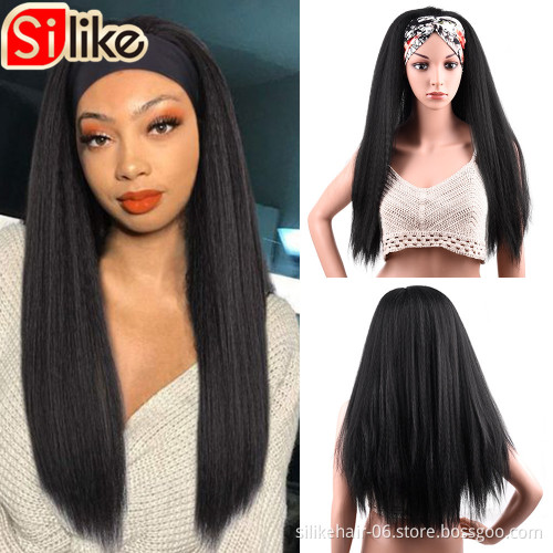 Black Red 24 Inch Long Chic Style Kinky Straight Hair Headband Wig With Pre-attached Scarf Synthetic Yaki Straight Headband Wigs